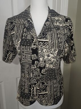 Vintage 80s 90s Jordan Black Cream Geometric Floral Blouse Button Front